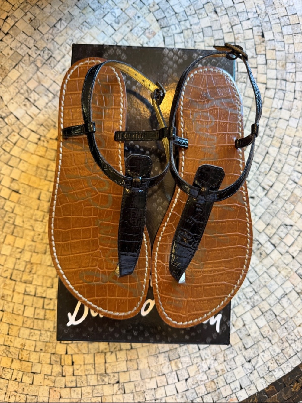 Sam Edelman Black Croc-Embossed T-Strap Sandals with Brown Footbed